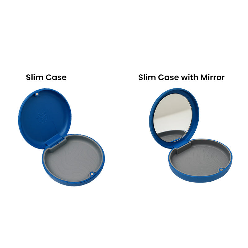 Captain Slim Aligner Case in Sparkle Blue with silicone layer, designed for denture and retainer storage by Captain Orthodontics.