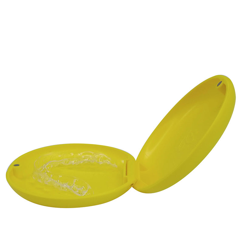 Captain Slim Aligner Case by Captain Orthodontics in sunflower yellow with silicone layer, designed for denture and retainer storage.