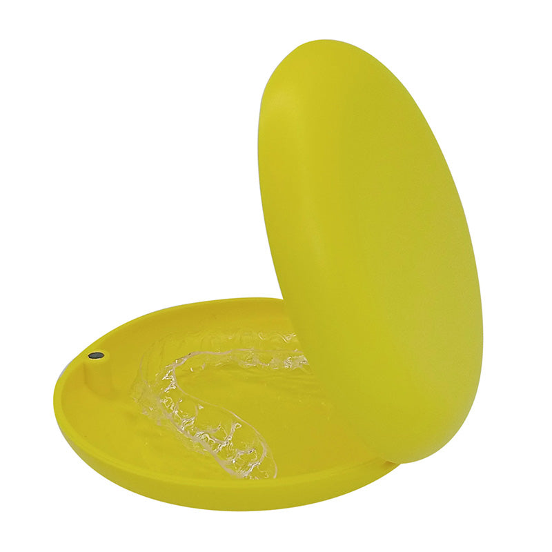 Captain Orthodontics Sunflower Yellow Slim Aligner Case with silicone layer, denture and retainer storage box, compact and protective design.
