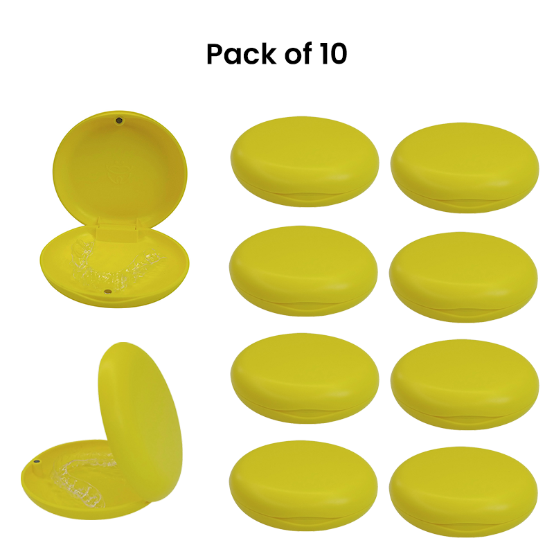 Captain Orthodontics Captain Slim Aligner Case in sunflower yellow with silicone layer, designed for denture and retainer storage.