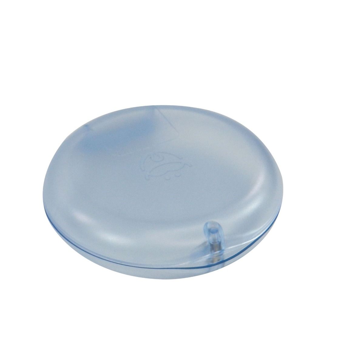 Transparent blue Captain Slim Aligner Case by Captain Orthodontics for storing dentures and retainers in a compact box.