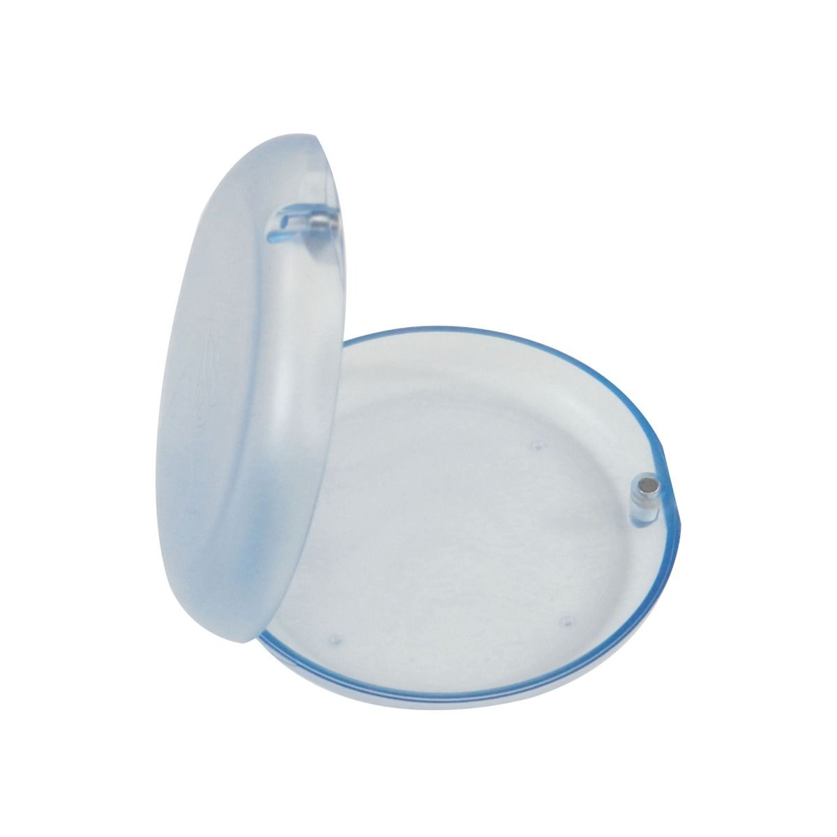 Transparent blue Captain Slim Aligner Case for dentures and retainers, made by Captain Orthodontics, shown open with aligners inside.