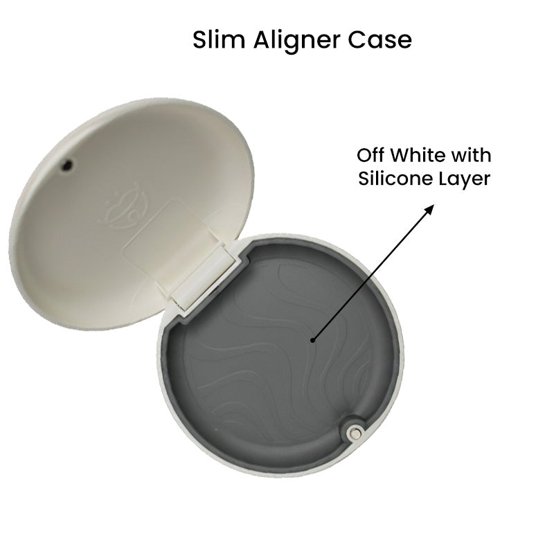 Captain Orthodontics Captain Slim Aligner Case in off-white with silicone layer, denture and retainer box with mirror.