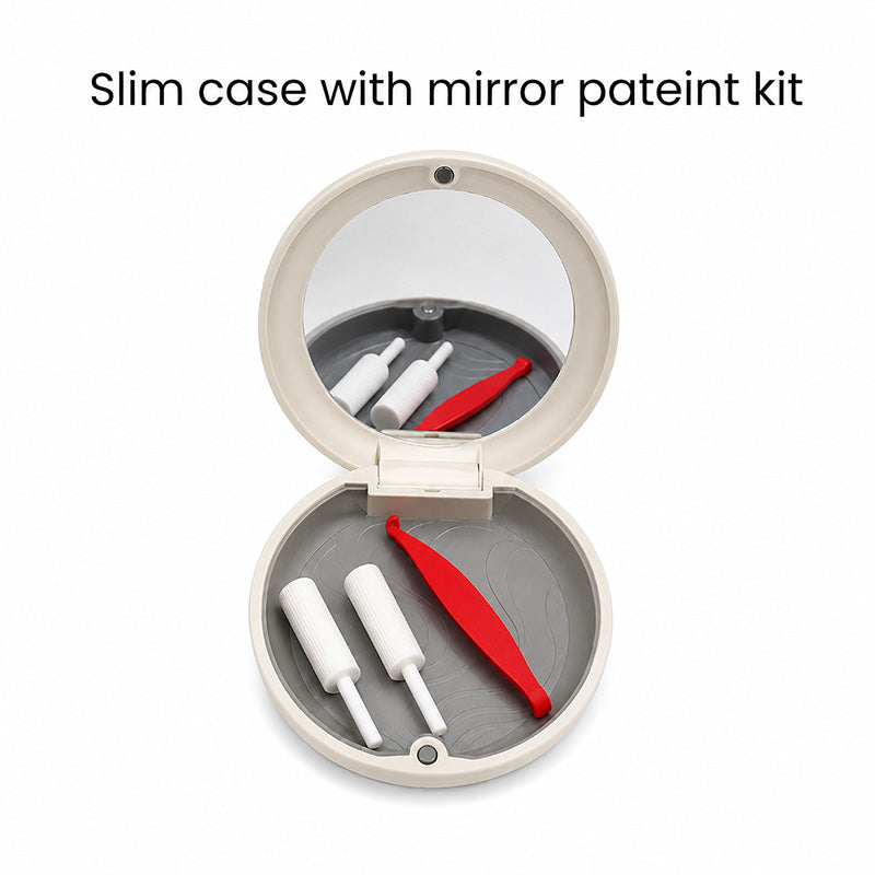 Captain Slim Aligner Case Off White with silicone layer, denture and retainer box by Captain Orthodontics, with mirror inside.