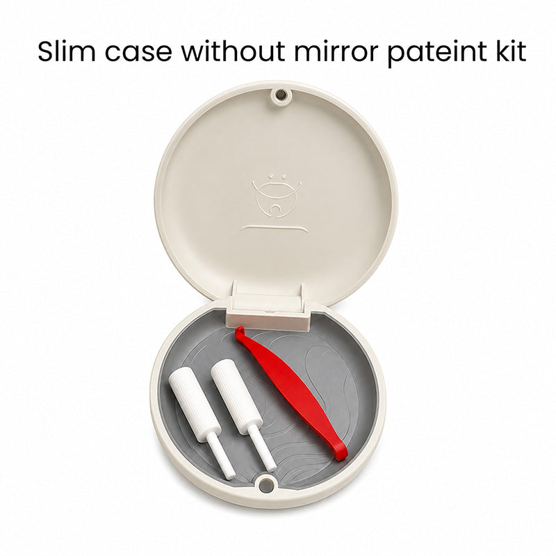 Captain Orthodontics Captain Slim Aligner Case in off-white with silicone layer, denture and retainer box with mirror for storage.