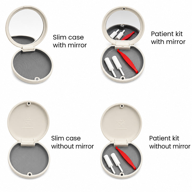 Captain Slim Aligner Case Off White with Silicone Layer, denture and retainer box by Captain Orthodontics, shown with mirror.