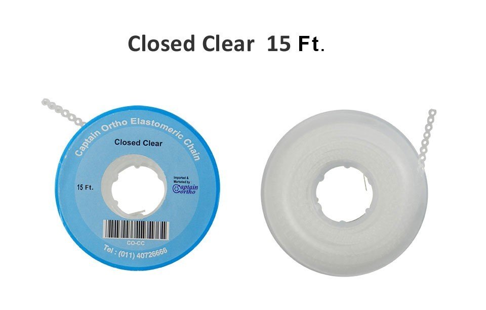Clear Captain Elastic Chain E-Chain 15 ft for orthodontic treatment, shown in a closed, flexible design.