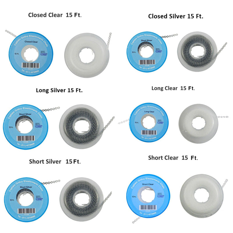 Clear Captain Orthodontics E-Chain 15 ft, flexible elastic chain for orthodontic treatment, shown in a closed, coiled position.