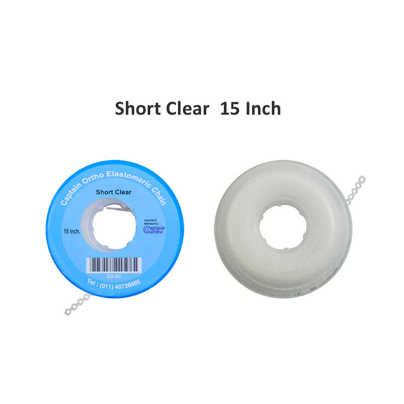 Clear Captain Orthodontics E-Chain 15 ft, closed elastic chain for orthodontic treatment, shown in a natural, functional position.