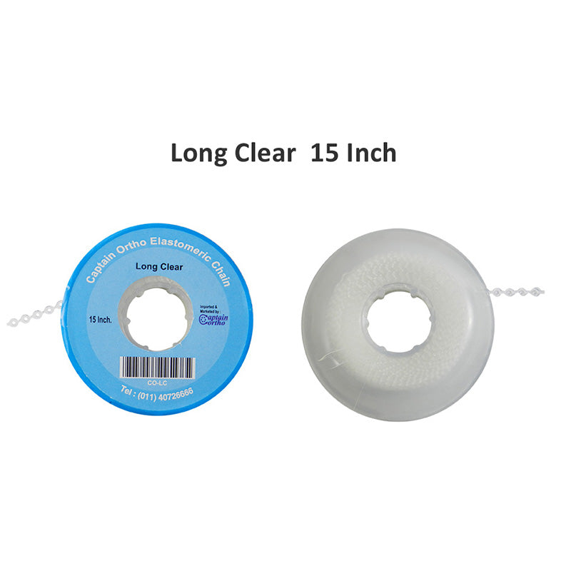 Clear E-Chain elastic chain by Captain Orthodontics, 15 ft length, shown in closed position for orthodontic treatment.