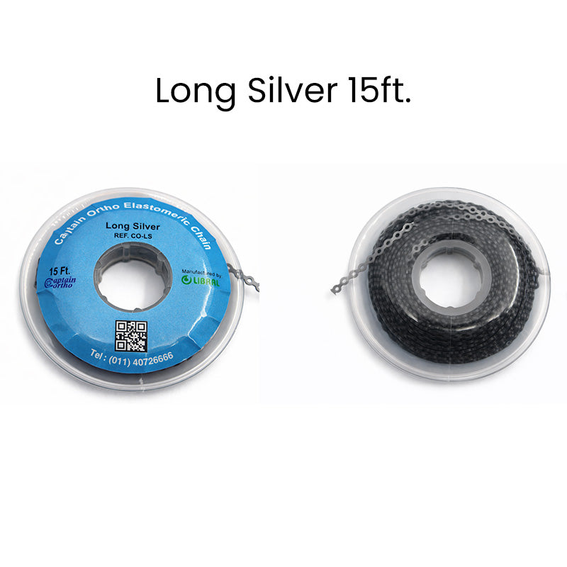 Clear Captain Orthodontics E-Chain, 15 ft. elastic chain used for orthodontic treatment, shown in a closed position.