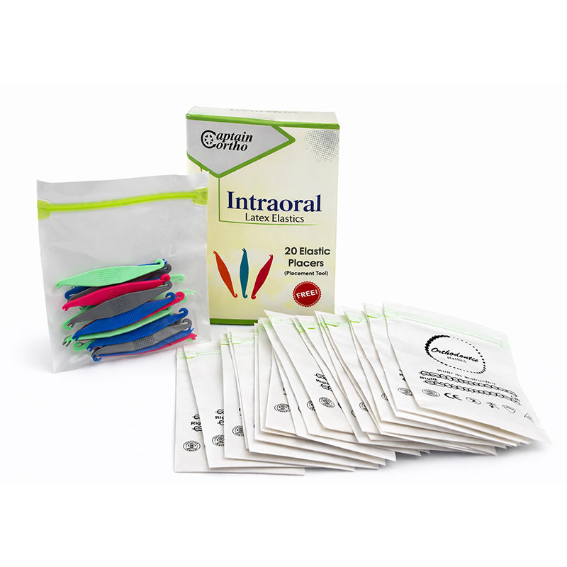 Pink Captain Orthodontics Tooth Colour Elastics pack showing 100 elastic bands for orthodontic use in a clear container