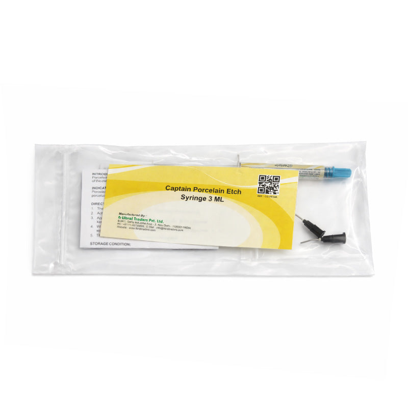 Captain Orthodontics Porcelain Syringe Etch 3 ML with Tips, a dental etchant used for precise application in orthodontics.