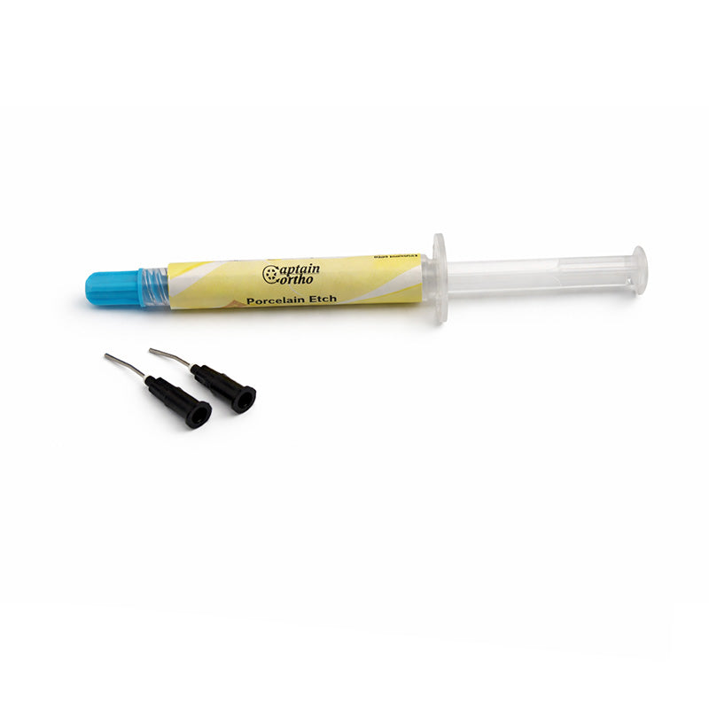 Captain Orthodontics porcelain syringe etch 3 ml with tips, used for dental etchant application in orthodontic procedures
