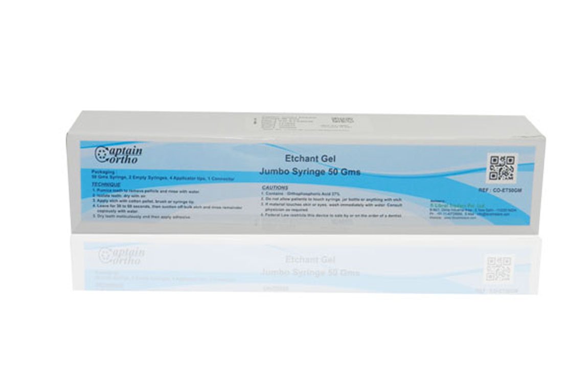 Captain Orthodontics Captain Etchant Gel Syringe with tips, 50g, showing the jumbo syringe and two empty syringes for dental etching.
