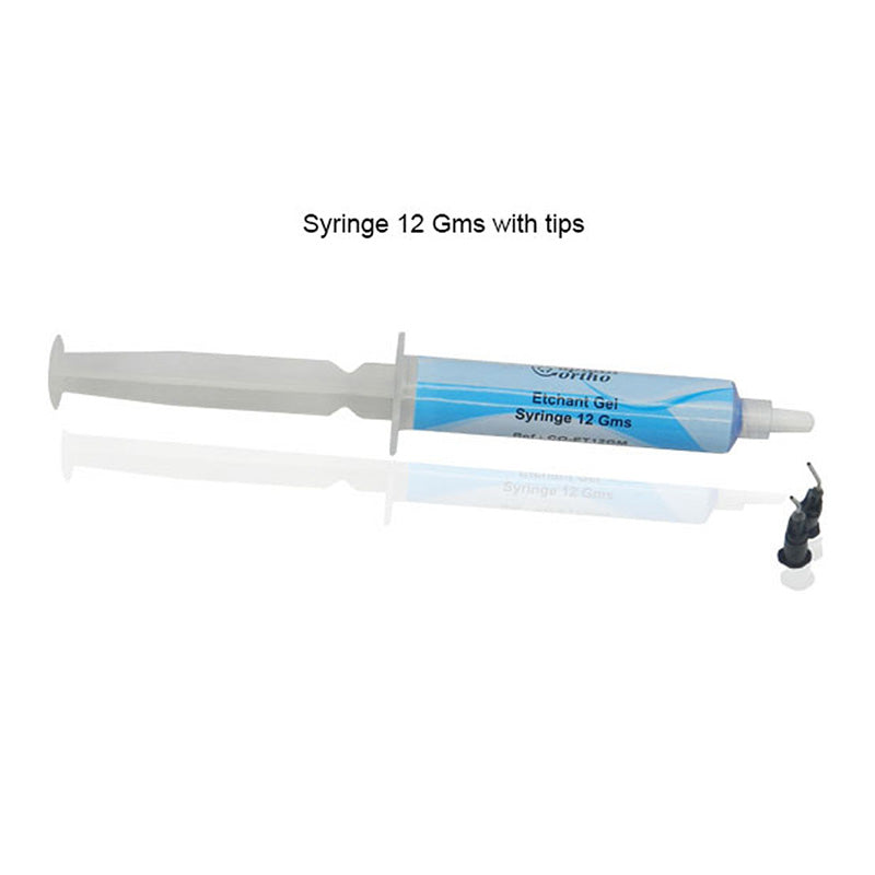 Captain Orthodontics Captain Etchant Gel Syringe with two tips, 50g bulk syringe for dental etching procedures.