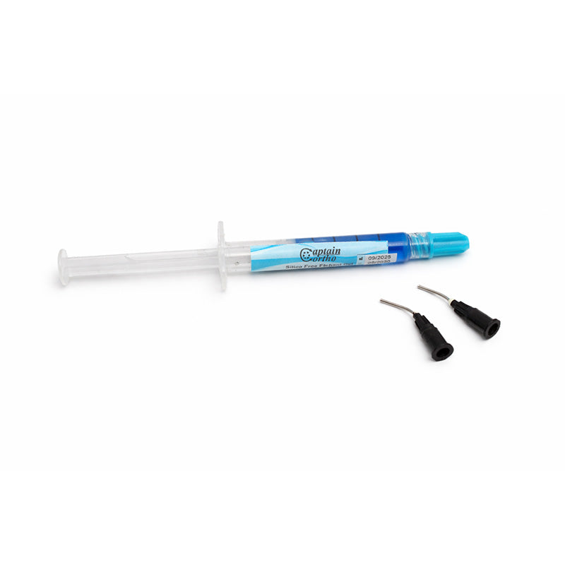 Captain Orthodontics Captain Etchant Gel syringe with tips, silica-free 37% orthophosphoric acid for dental etching applications.