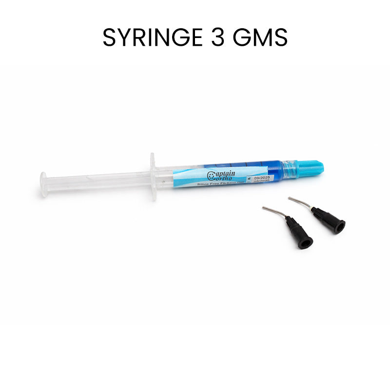 Captain Orthodontics Captain Etchant Gel syringe with tips, silica-free 37% orthophosphoric acid for dental etching.