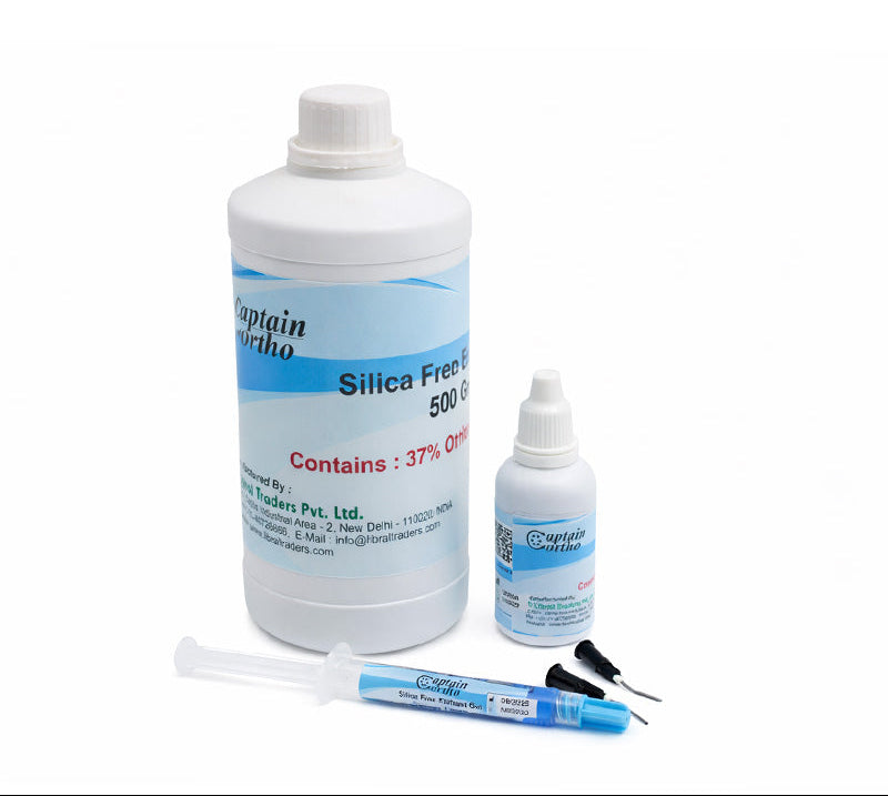 Captain Orthodontics silica-free Captain Etchant Gel syringe with tips, containing 37% orthophosphoric acid for dental etching.