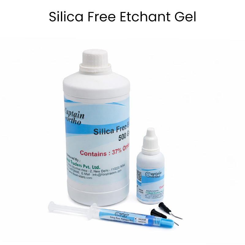 Captain Orthodontics silica-free Captain Etchant Gel syringe with tips, containing 37% orthophosphoric acid for dental etching.