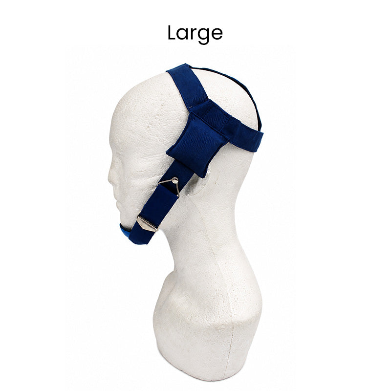 Navy blue Captain Orthodontics headgear with chin cap, large size, designed for orthodontic treatment and head support.