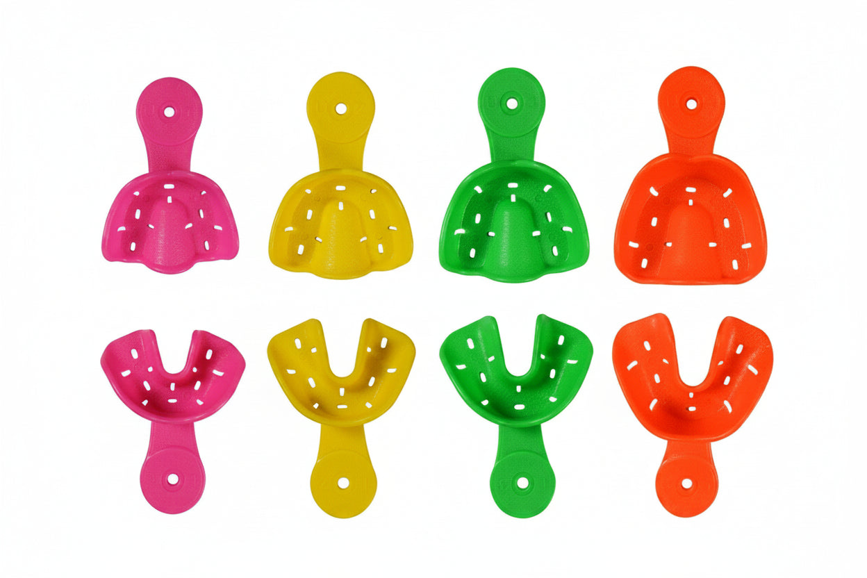 Set of four Captain Orthodontics Eco Orthodontic Autoclavable Impression Trays for orthodontic impressions and dental procedures.