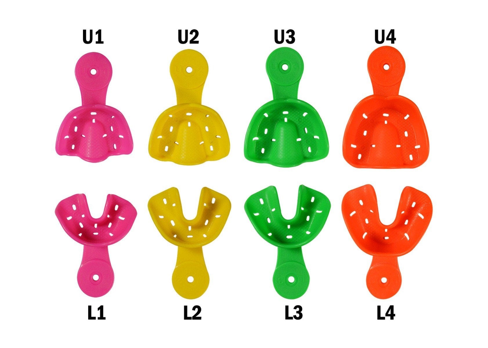 Set of four Captain Orthodontics Eco Orthodontic Autoclavable Impression Trays for orthodontic impressions and dental procedures.