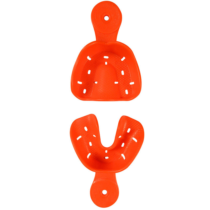 Set of four Captain Orthodontics Eco Orthodontic Autoclavable Impression Trays for orthodontic impressions, showing different sizes and designs.