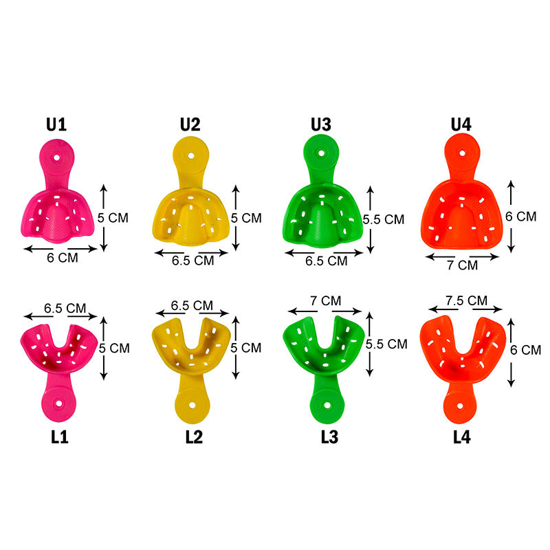 Set of four Captain Ortho Eco orthodontic autoclavable impression trays for dental impressions, made by Captain Orthodontics.