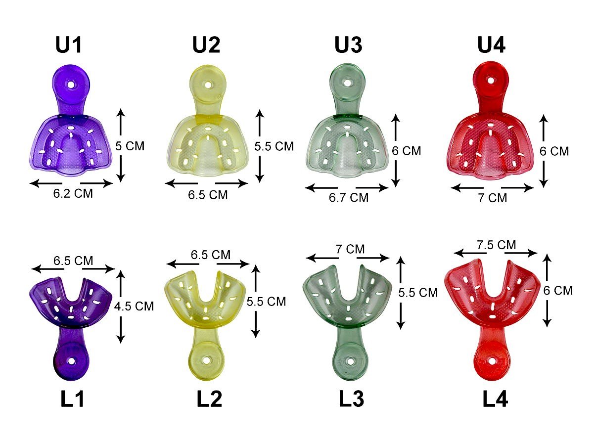 Set of four Captain Orthodontics Captain Ortho Premium orthodontic autoclavable impression trays for dental impressions.