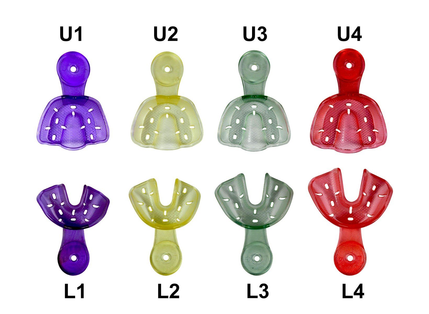 Set of four Captain Orthodontics Captain Ortho Premium orthodontic autoclavable impression trays for dental impressions.