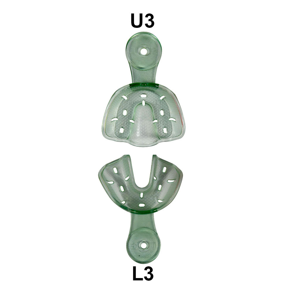 Set of four Captain Orthodontics Captain Ortho Premium orthodontic autoclavable impression trays for dental impressions.