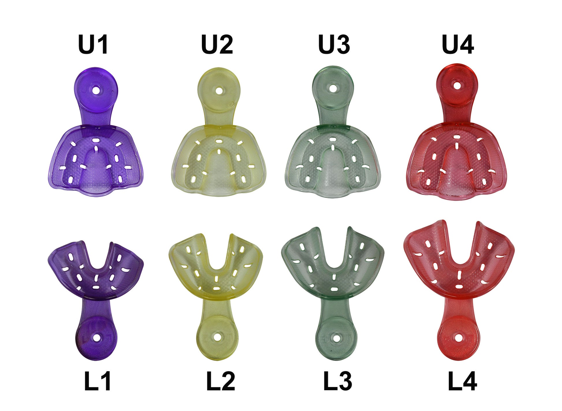 Set of four Captain Orthodontics Captain Ortho Premium orthodontic autoclavable impression trays for dental impressions.