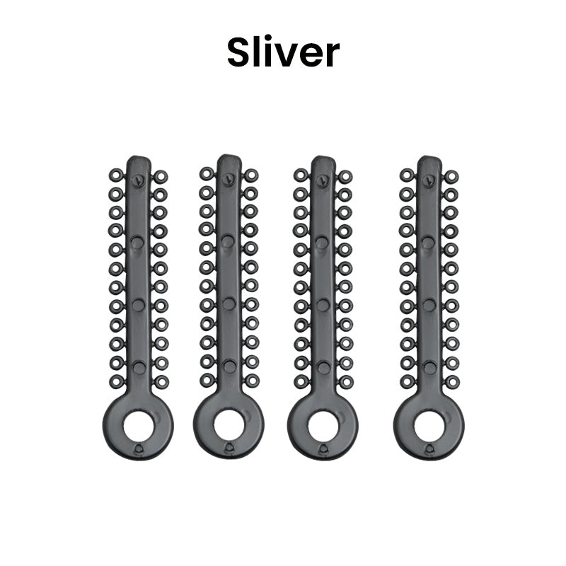 Captain Orthodontics Pearl Ligature Stick Ties for braces, close-up of ties in a blister pack.