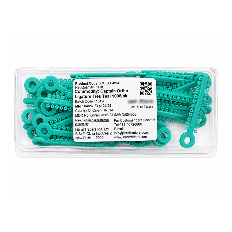 Captain Orthodontics pearl ligature ties for braces, packaged in a 1008-piece set, used for securing orthodontic wires.