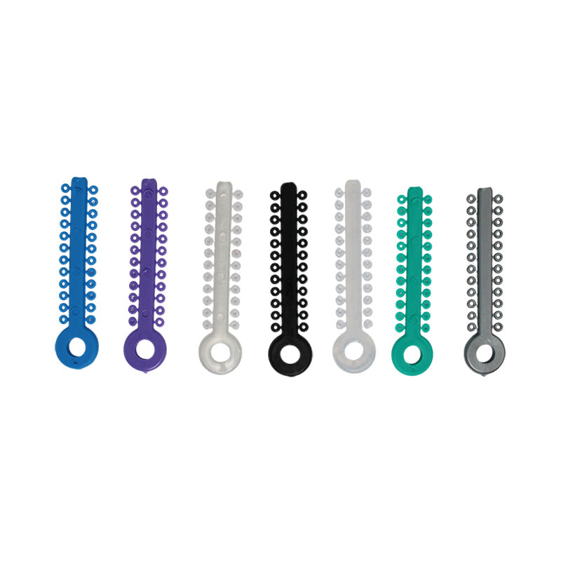 Pearl-colored Captain Orthodontics Ligature Stick Ties for braces, shown in a 100-pack, with elastic rubber material design.