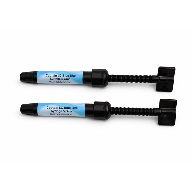 Captain Orthodontics Captain Blue Bite Flow light cure composite syringe, 5 grams, with blue labeling and needle tip visible.