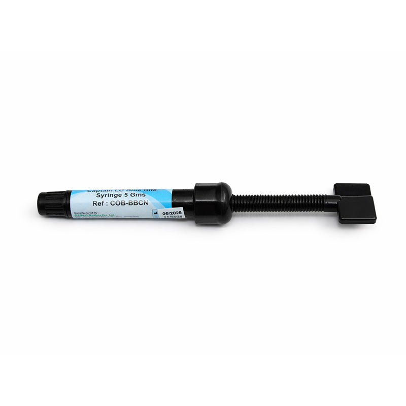 Captain Blue Bite Light Cure Composite Syringe 5 Gms, orthodontic adhesive with a blue-tinted tip for dental bonding applications.