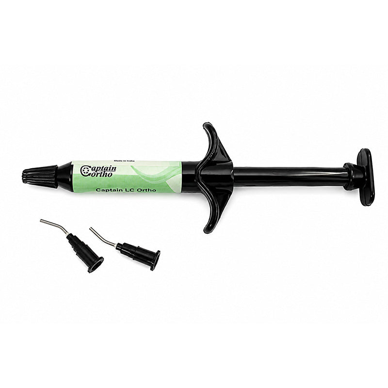 Captain Orthodontics Light Cure Bonding Adhesive syringe kit for orthodontic bonding and dental applications.