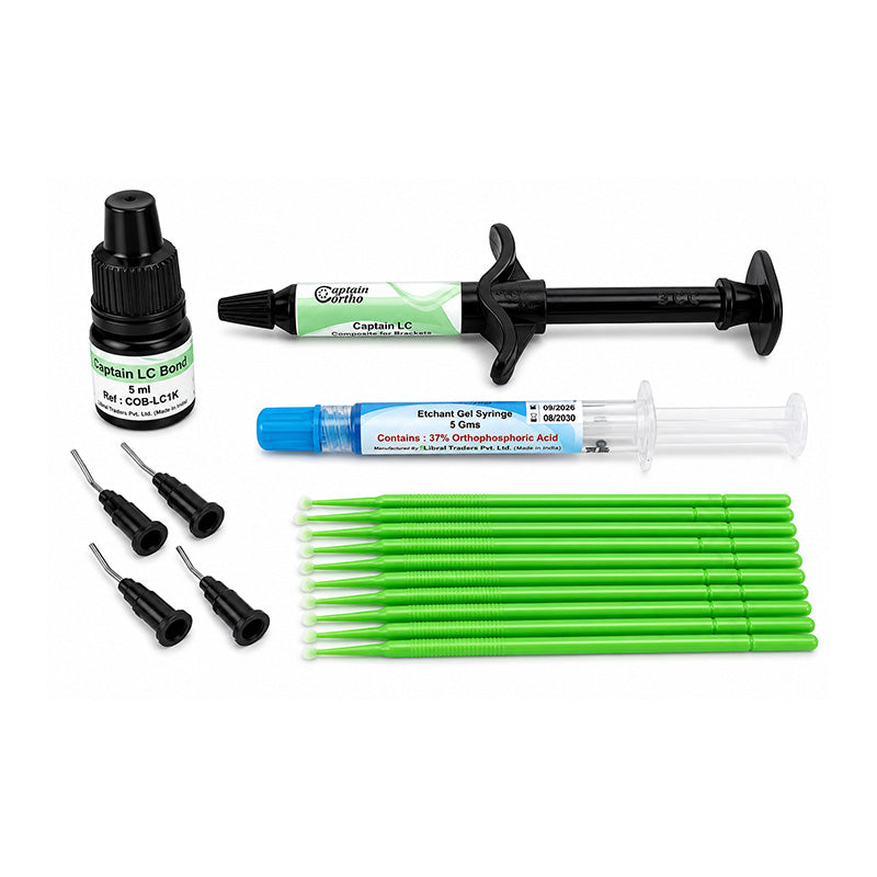 Captain Orthodontics Light Cure Adhesive syringe kit showing the clear, applicator tip and adhesive material for dental bonding.
