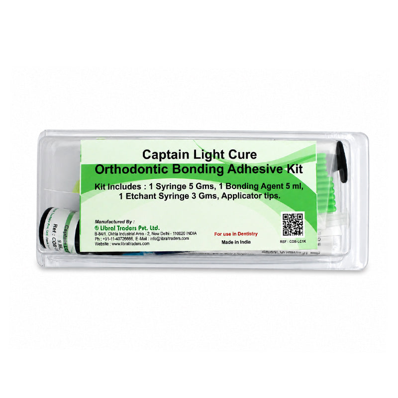 Captain Orthodontics Light Cure Bonding Adhesive syringe kit for orthodontic brackets and dental bonding applications.