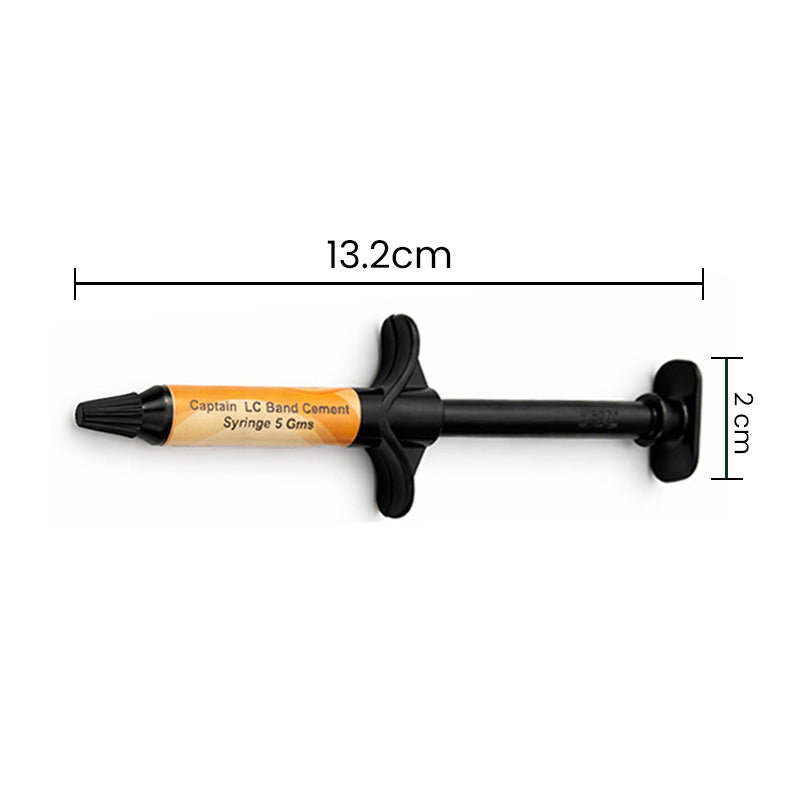 Captain Orthodontics Light Cure Band Cement syringe showing 5g of light-cure orthodontic cement for dental applications.