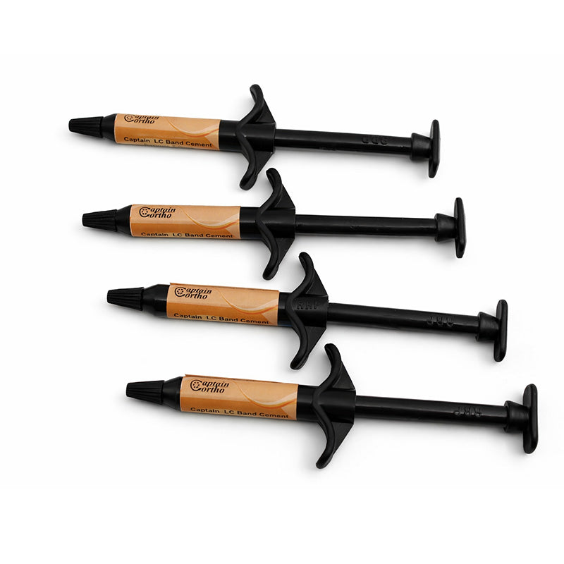 Captain Orthodontics Light Cure Band Cement syringe showing 5g of light cure band cement for orthodontic bonding.