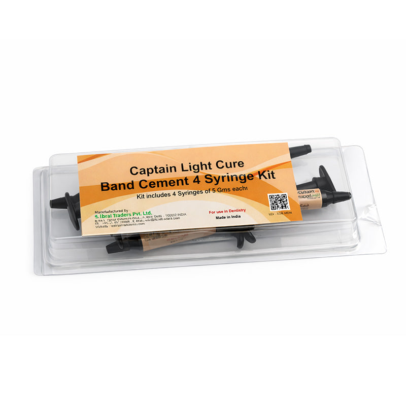 Captain Orthodontics Light Cure Band Cement syringe showing 5g of light cure cement for orthodontic bonding.