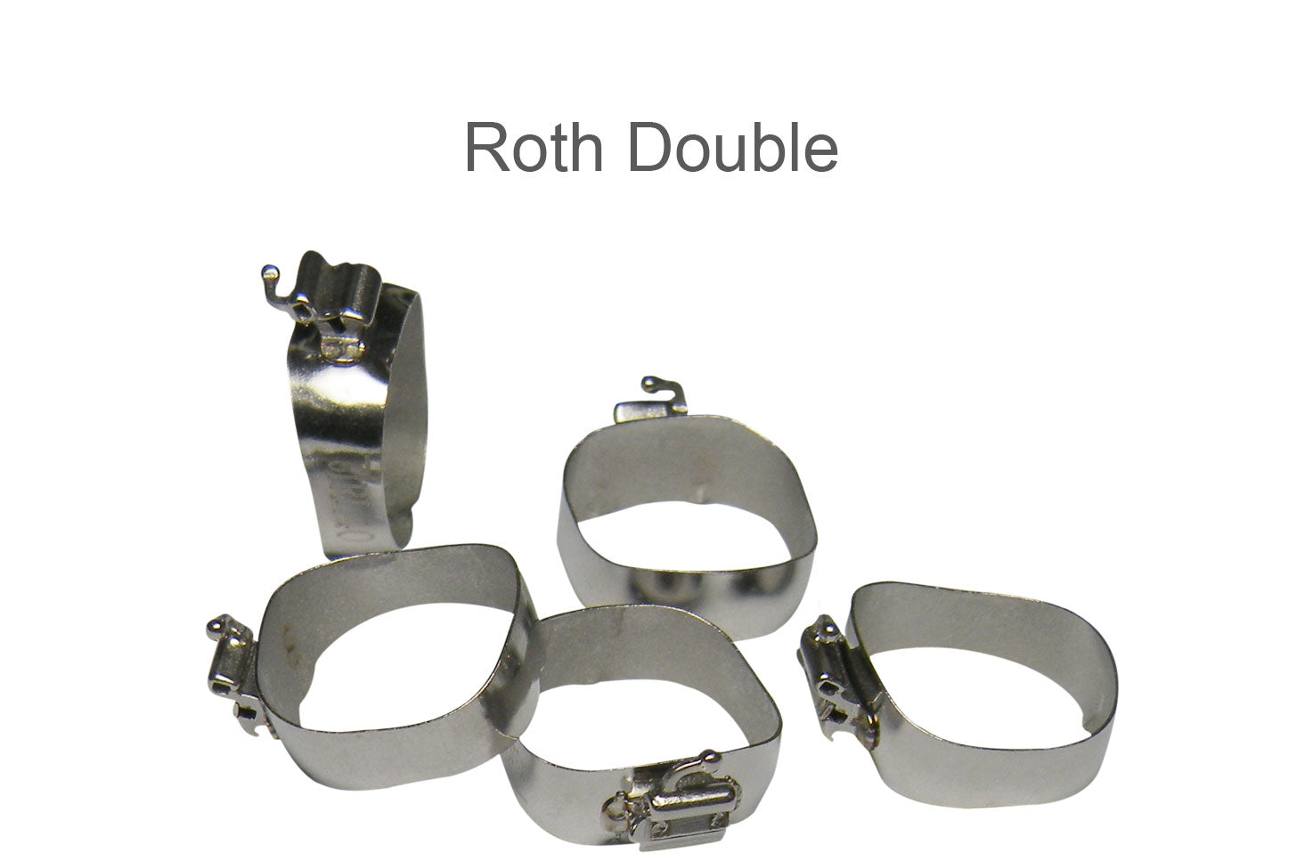 Captain Orthodontics preformed molar bands with Roth 018 UDLS tubes, shown in a pack of five, designed for orthodontic treatment.