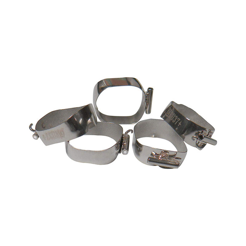 Preformed molar bands with Beggs tube from Captain Orthodontics, shown on upper right molar in a 5-pack set.
