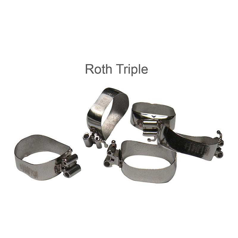 Preformed molar bands by Captain Orthodontics with Roth 022 UTLD tubes, shown on a white background, 5-pack.