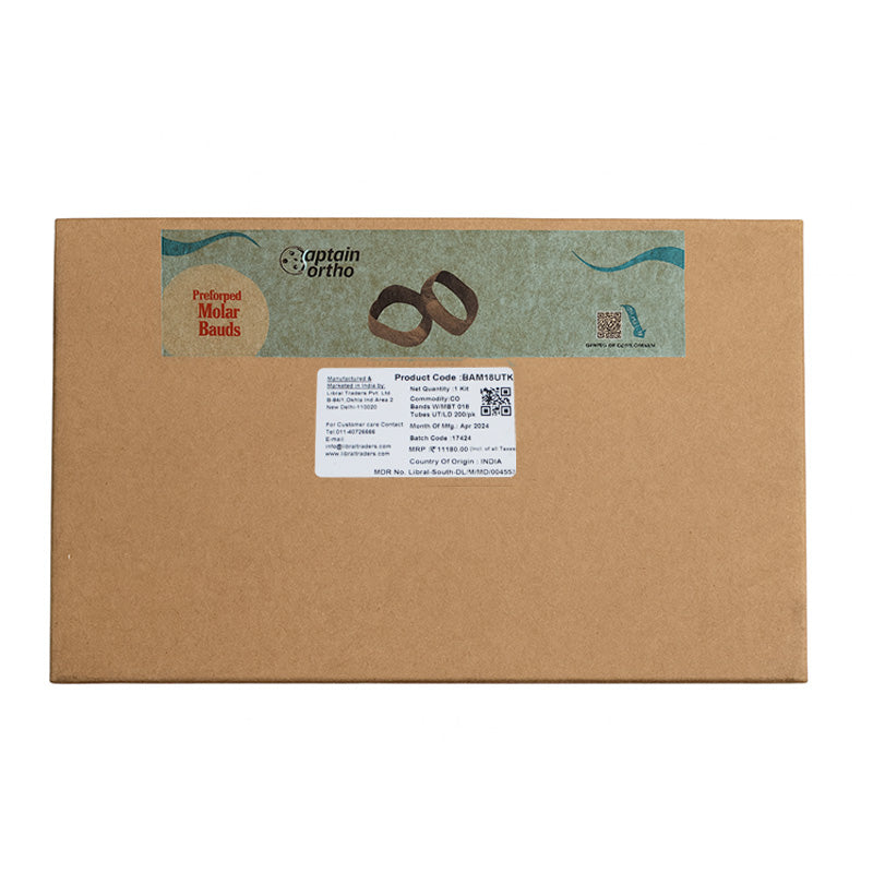 Captain Orthodontics preformed molar bands with MBT tubes starter kit, showing size 022 bands with attached tubes for orthodontic use.