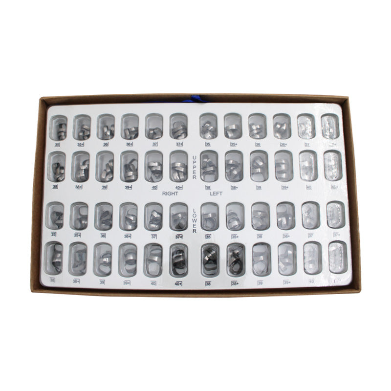 Captain Orthodontics preformed molar bands with MBT tubes starter kit, showcasing orthodontic bands and tubes for dental braces.