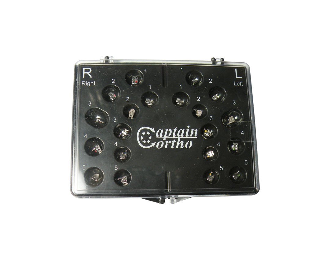 Captain Orthodontics Self Ligating Bracket SLB Passive-SL kit with 20 brackets, showcasing the small, metal orthodontic appliance for braces.